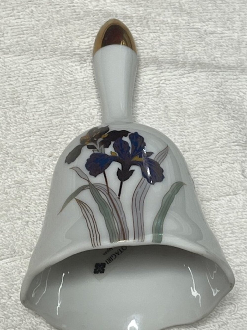 VTG Floral Iris White Porcelain HandBell Gold Handle Decorative Otagiri 3"x5.25"